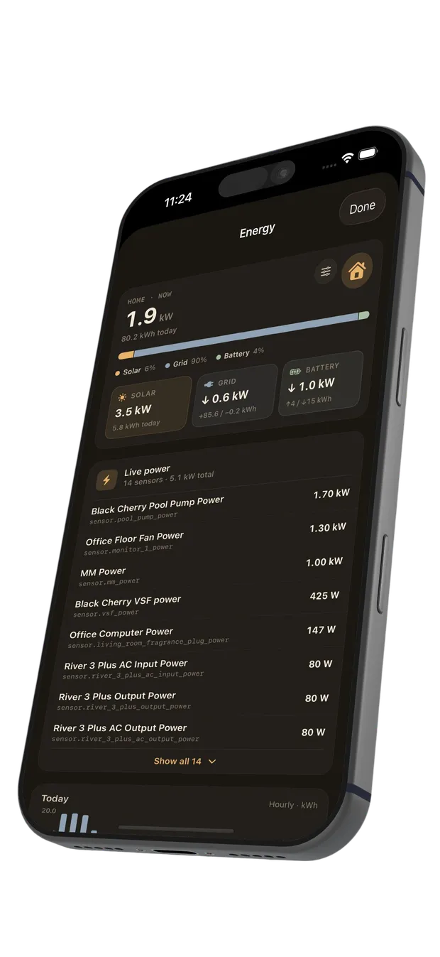 Halo running on iPhone showing a live energy dashboard